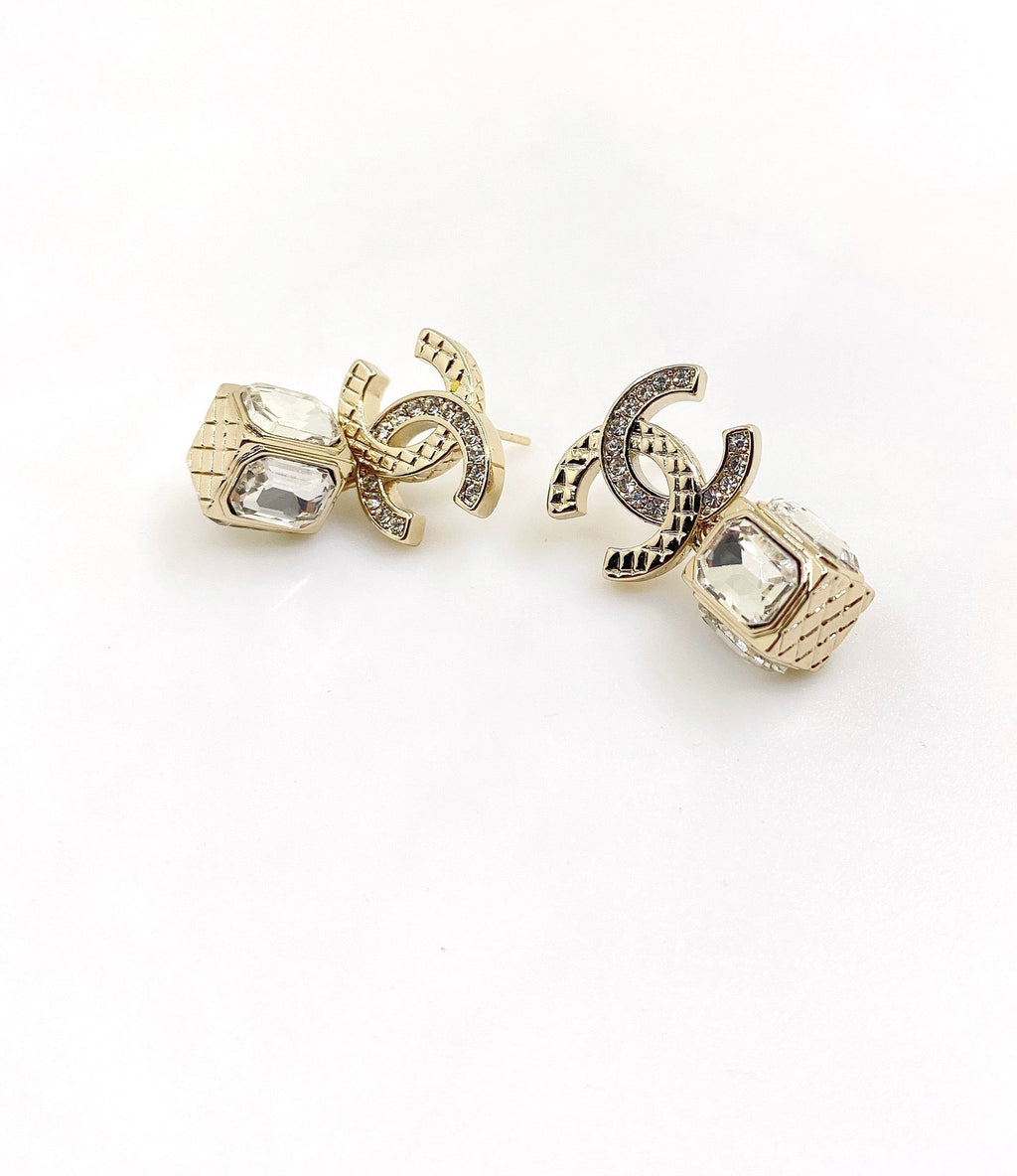 18K  Chanel Square Crystal Pendant Earrings